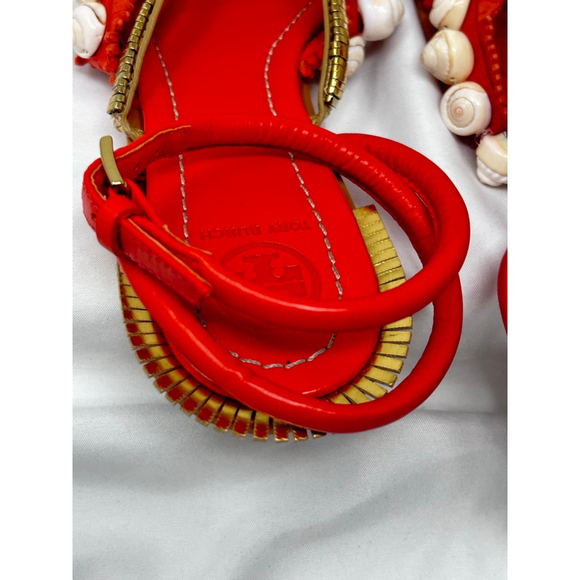 Tory Burch Sinclair Seashell Ankle Wrap Sandals Red Leather Size 7 Flat - Picture 5 of 7